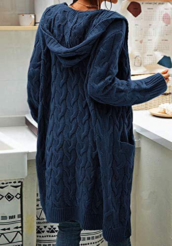Image of Women Hooded Open Front Cardigan Cable Knit Chunky Long Sweater Coats | solid color, cable knit ,long duster cardigan,chunky coatigan,winter ,falll ,side pockets