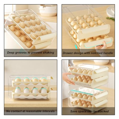 Contenedor de huevos de plástico transparente con 32 cuadrículas y manijas para nevera 7