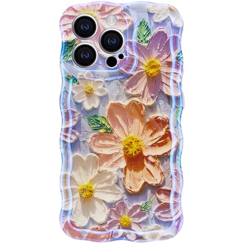 Inber for iPhone 15 Pro Max Case for Women and Girls - Retro Floral Oil Painting Pattern with Curly Wave Frame - Includes Screen Protector - Anti-Slip, Glossy TPU Cute Phone Case - Daisy Pink Purple Cover