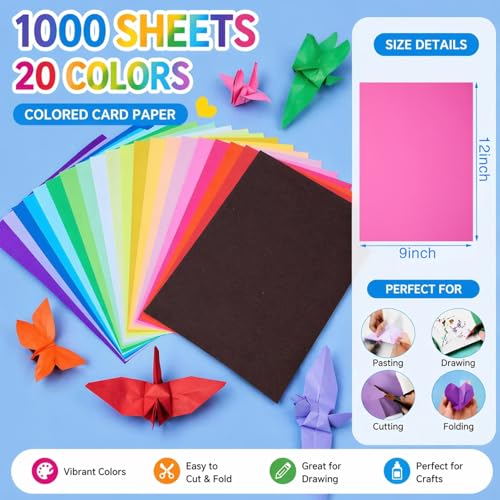 Image of Henoyso 1000 Sheets Construction Paper Bulk, 9 x 12 Inches Assorted Colored Lightweight Paper Craft for Kids Classroom Teachers, School Supplies for Arts and Crafts (Multicolored)