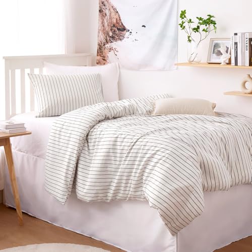 Image of Wake In Cloud - Striped Cotton Duvet Cover Set, Ticking Stripe Vertical Pinstripe Farmhouse, 100% Washed Cotton Textured Bedding Set, 3 Pieces, White, Twin /Twin XL Size