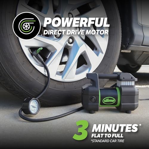 Image of Slime 40031 Tire Inflator, Portable Car, SUV, 4x4 Air Compressor, Pro Power, Heavy Duty, with Analog 150 psi Dial Gauge, Long Hose and LED Light, 12V, 3 min inflation