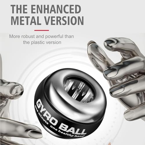 Image of Auto-Start Gyro Wrist Strengthener Ball for Grip, Forearm, Finger Exercise, Hand, Injury Recovery, Fitness Training & Muscle Building (Bag, Platinum Core, Lights, Metal Shell, Silver)