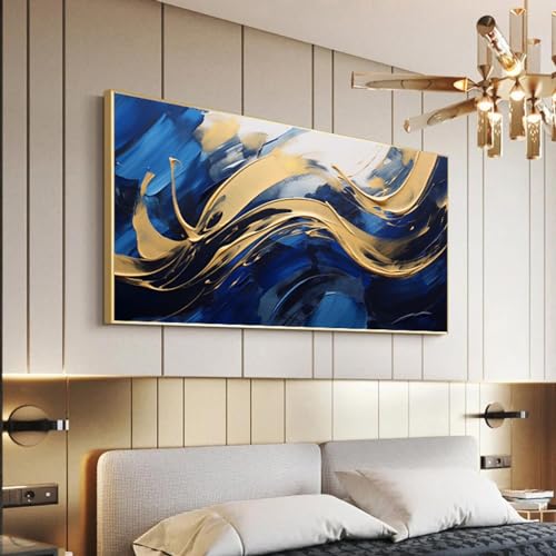 Tableau sur toile abstrait bleu et or de qualité supérieure, format 50x100cm - 5