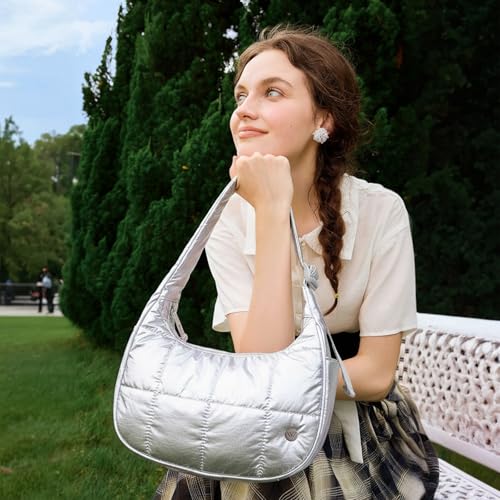 Image of WESTBRONCO Small Puffer Crescent Shoulder Bag for Women, Nylon Quilted Shoulder Purses, Puffy Handbags with Adjustable Strap