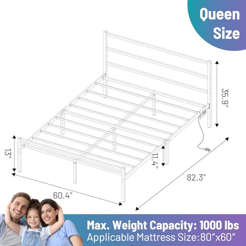 LED Queen Bed Frame with USB, Heavy Duty Support, Under Storage, Noise Free, White