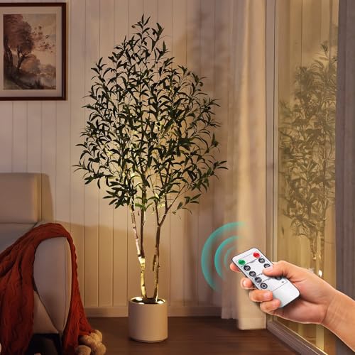 Verinatural Artificial Olive Tree Faux Plants Indoor - 6FT Tall Fake Tree with Remote LED Spotlights Cylinder Round White Planter - for Modern Home Office Living Room Floor Display VN214