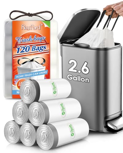 120 Counts 2.6 Gallon Small Drawstring Trash Bags Garbage Bags by RayPard Small Strong Plastic Bags fit 7.5-10 Liter Trash Can for Home Office Kitchen Bathroom Bedroom White Waste Basket Liners