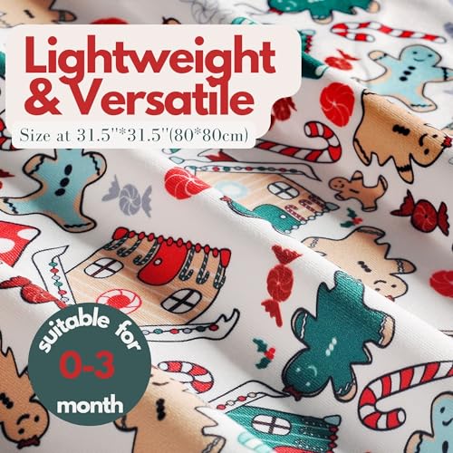 Image of Newborn Baby Girl Receiving Blanket Swaddle Blanket Stretchy Knit Swaddle Set with Matching Beanie (Green Cartoon Christmas)