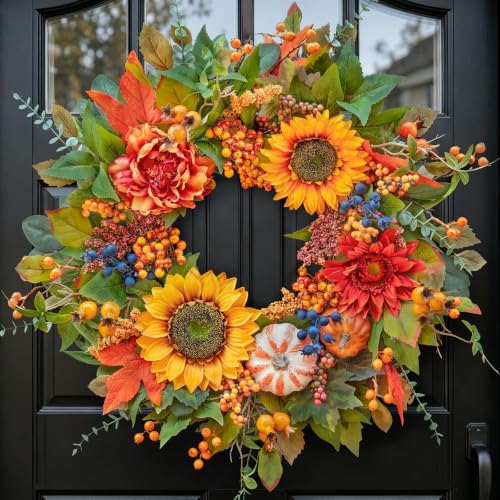 Image of 24 Inch Harvest Fall Wreaths for Front Door Outside with Sunflowers | Artificial Autumn Wreath with Pumpkins Berries Maple Leaves - Fall Door Wreath for Porch Entryway Thanksgiving Decor