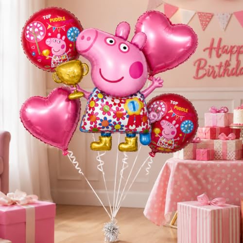 Image of Wanna Party Cute Pink Pig Floral Print Balloon Bouquet Set - 5PC Foil Balloon Decoration, Helium Supported for Kids Birthday, Farm Theme Party, Cake Table & Photo Booth Decor
