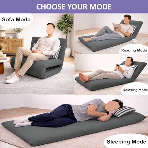 Image of Adorn India Easy Multi Mode 1 Seater Sofa Cum Bed | Velvet Fabric | Dark Grey | Stripes Design | Comfortable Seating | Washable Cover | Perfect for Home & Office