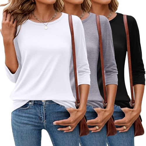 Ficerd 3 Pack 3/4 Sleeve Tops for Women Round Neck Dressy Basics Tees Casual Trendy Loose Fit T Shirts(Black, White, Light Gray,XX-Large)