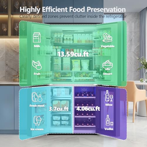 Image of Electactic 21.36 Cu.Ft French Door Refrigerators with Bottom Freezer, Wine Cabinet, Adjustable Shelving, Counter Depth Smart Refrigerator with Touchscreen for Kitchen Home