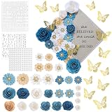 Thiccywoov Graduation Cap Decorations Kit Includes 3D Artificial Flowers Faux Flower Heads 3D Butterfly Stickers Pearl Rhinestones Glitter Stickers for Grade Cap Topper DIY Set Graduation Gift (Blue)
