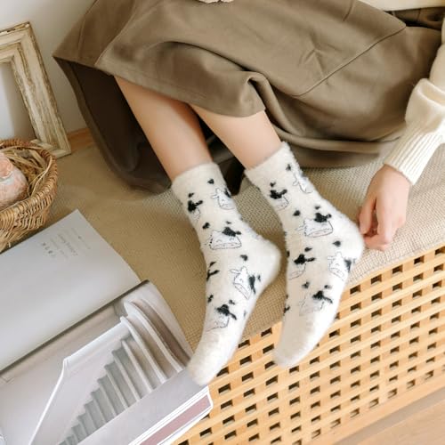 Fuzzy Socks for Women, Cute Fluffy Slipper Sock with Cat Cow Bunny Bear Dinosaur, Cozy Casual Calf Socks Size 5 to 94
