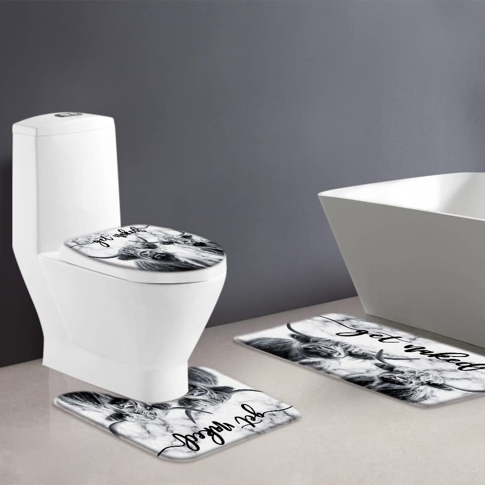 3 Piece Farmhouse Highland Cow Bath Mat Set Get Naked Western Funny Farm Animal Portrait of Longhorn Bull Rustic 17.8x29.5 Inches Bathroom Doormat Rugs,Toilet Seat Cover,U-Shaped Floor Mat