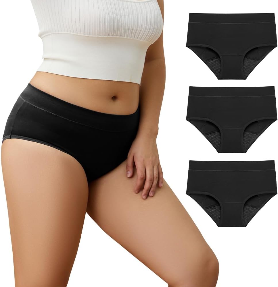 POKARLA Period Pants for Women Washable Incontinence Underwear Bladder Leak Proof Panties Ladies High Absorbency Protective Menstrual Knickers Cotton Briefs Black 3X-Large 3 Pack