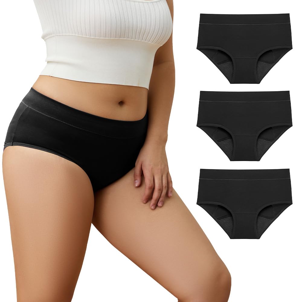 POKARLA Period Pants for Women Washable Incontinence Underwear Bladder Leak Proof Panties Ladies High Absorbency Protective Menstrual Knickers Cotton Briefs Black 3X-Large 3 Pack