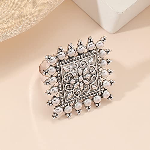 Boho Vintage Square Flower Statement Ring for Women Girls White Gold Plated Engrave Flowers Geometric Rings Comfort Fit Dainty Birthday Christmas Party Jewelry Size 6-83