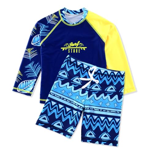 Image of Kids Short Sleeve Sunsuit Swimwear Boys Two Piece Rash-Guard-Sets Dinosaur Pattern