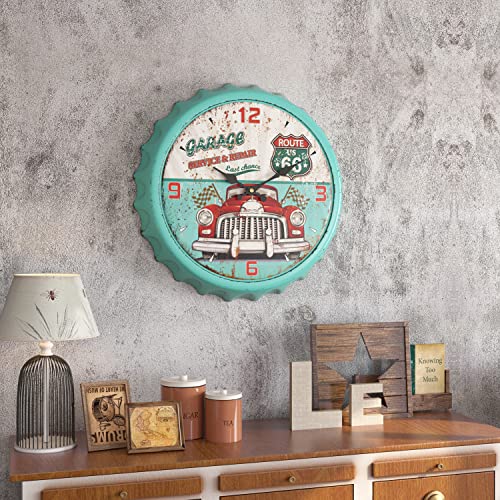 Menterry Bottle Cap Design Iron Retro Wall Clock, 13 Inch Vintage Antique Style, Silent Battery Operated Creative Decor Wall Clocks For Garage,Farmhouse,Office,Beer Bar,Cafes,Kitchen,School (Green) #TOP5