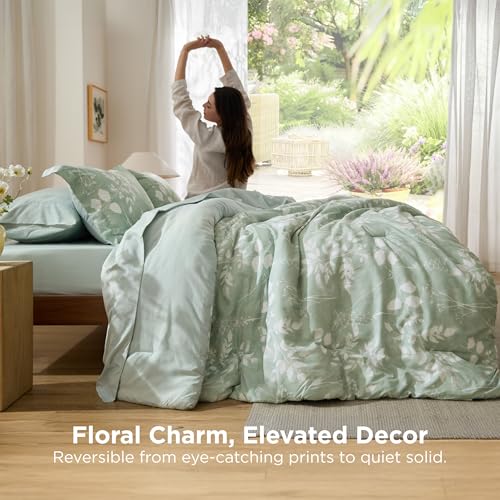 Image of Bedsure Queen Comforter Set - 7 Pieces Floral Sage Green GentleSoft Bedding Sets, Queen Bed in a Bag with Botanical Flowers Winter Comforter, Sheets, Pillowcases & Shams