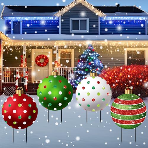 Nuanchu 4 Pcs Metal Christmas Balls Yard Signs Glitter Xmas