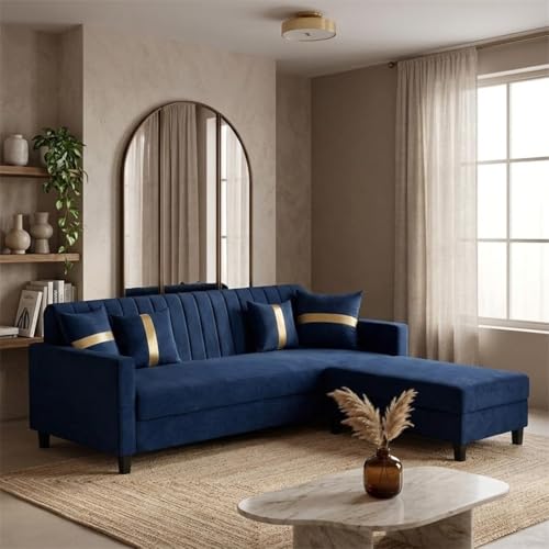 Image of CASASTYLE Korion 4 Seater L Shape Sofa Set with Movable Ottoman | Flexible Left or Right Layout | Cozy Velvet Fabric | Soft Touch Seating | Modern Designer Sofa for Living Room (Dark Blue)