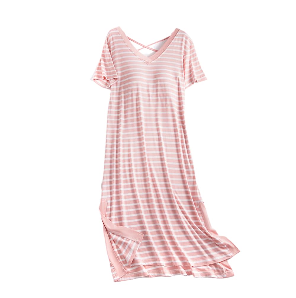 Camisón para Mujer - Vestido De Dormir A Rayas De Verano para Mujer, Vestidos para Dormir De Manga Corta, Camisones De Mujer con Almohadilla En El Pecho, Camisón para Dormir
