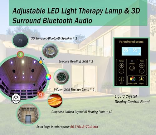 Image of LTCCDSS 5-Person Low EMF Outdoor Far Infrared Sauna - Vast Interior- Hemlock Wood Sauna for Home - Bluetooth Speakers, Reading Lamps, Chromotherapy Lights, (Bundled Steam Sauna) 81.1 * 60.6 * 83.5 in