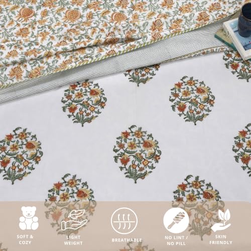 Image of TOAIArt Premium Jaipuri Dohar | AC Blanket Summer Quilt | Hand Block Printed | 3 Layers | Reversible | 150GSM 100% Mulmul Cotton | 100% Cotton Flannel Filling | King 108 inch X 90 inch|Earthy Mugal Motif