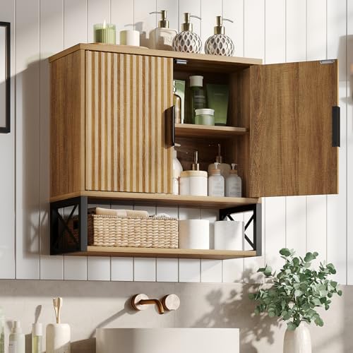 Image of FiveWillowise Fluted Bathroom Wall Storage Cabinet with Open Shelf, Floating Wall Mounted Medicine Cabinet with Adjustable Shelves, Over The Toilet for Bathroom, Laundry Room, Kitchen, Natural Oak