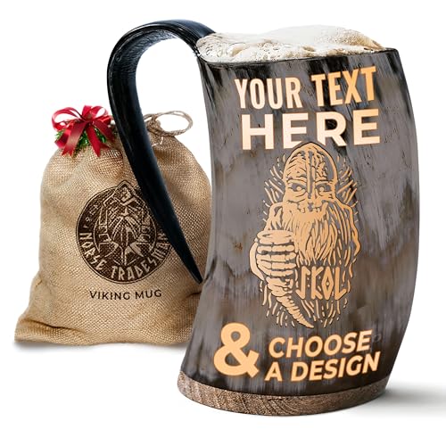 Norse Tradesman Personalized Viking Drinking Horn Mug - Customizable Viking Beer Tankard with Your Desired Text Engraving | Multiple Size, Finish and Engraving Options