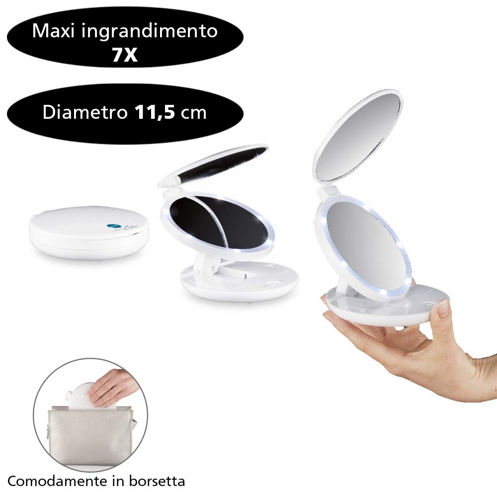 MACOM, Mini Doppio Specchio Cosmetico e Luminoso da Viaggio, Ingrandente 7x, Diametro 11,5 cm, Sensation 218 Pocket Mirror