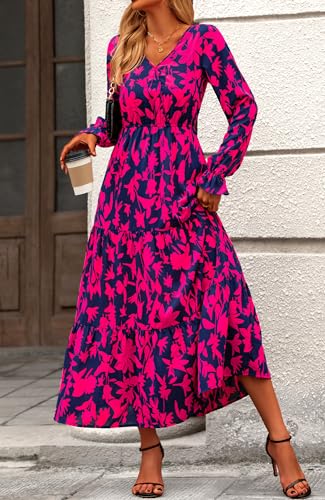 BTFBM Women Fall Dresses 2025 Casual Long Sleeve V Neck Maxi Dresses Floral Boho Long Dress Wedding Guest Dress