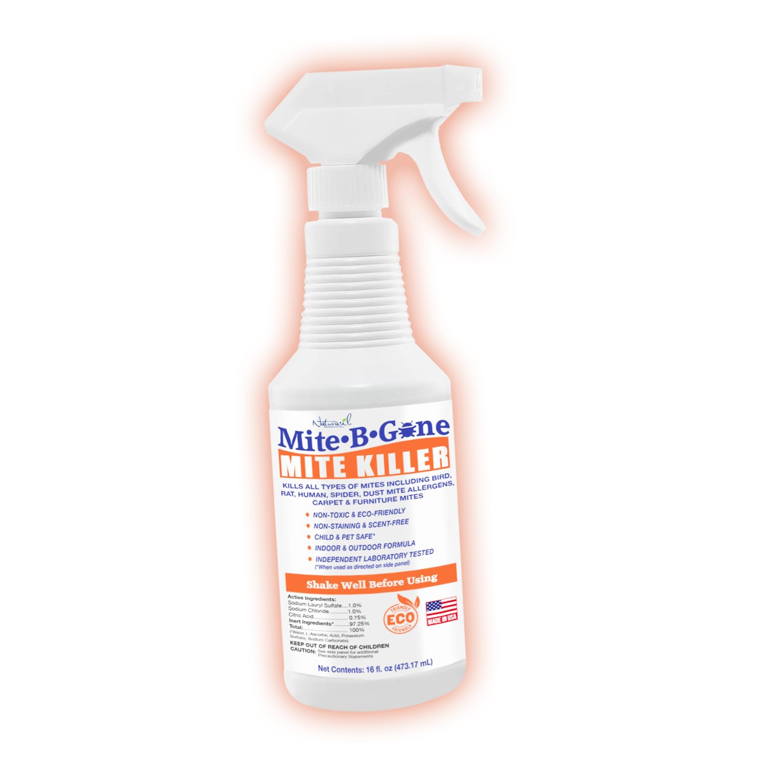 Mite Killer Spray by Mite-B-Gone — Kills Human Mites, Bird, Dust, Spider, Rat, Turkey, Carpet Mites. Treatment for Homes, Furniture, Bedding, Auto & Animals | Non-Toxic | Kid & Pet Safe | 16oz Spray