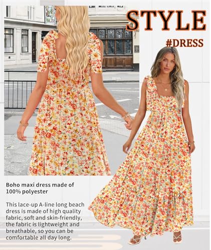 Image of CURBODO Women's Summer Maxi Dress Boho Spaghetti Straps Casual Long A-line Smocked Beach Dress Square Neck Flowy Sun Dress