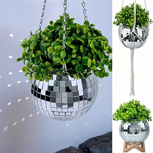 COUTINFLY Disco Ball Planter 6", Mirror Ball Hanging Planter, Unique Plant Hanger for Indoor Outdoor Hanging Plants, Plant Basket Hanger with Chain Macrame Rope Wooden Stand for Hanging Decor, 1 Piece