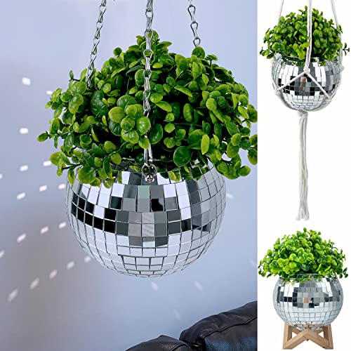Coutinfly Disco Ball Planter 6", Mirror Ball Hanging Planter, Unique Plant Hanger For Indoor Outdoor Hanging Plants, Plant Basket Hanger With Chain Macrame Rope Wooden Stand For Hanging Decor, 1 Piece #TOP21