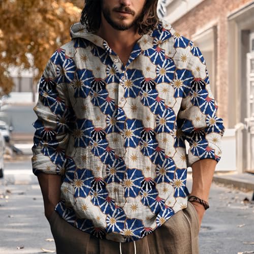 Men's Hooded Terry Cloth Pullover Sweatshirt Long Sleeve Button Down Loose Fit Artistic Print Casual Top2