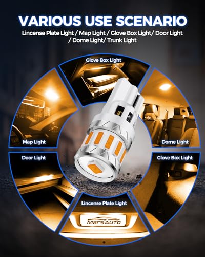 Image of Marsauto Upgraded 194 LED Light Bulb Amber Yellow, 168 2825 T10 W5W LED Light for License Plate Lights Dome Map Door Courtesy Trunk Marker Light, 500% 360 LED Replacement Super Bright Pack of 10