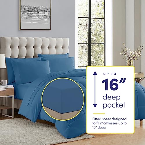 Sweet Home Collection 7 Piece Comforter Set Bag Solid Color All Season Soft Down Alternative Blanket & Luxurious Microfiber Bed Sheets, Denim, King