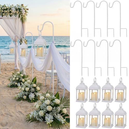 Novabright 8 Pack White Wedding Lanterns with Flameless LED Candles and 8 Pack 32 Shepherd Hooks Beach Wedding Aisle Decor Hanging Lantern for Outdoor Garden Ceremony Party Decoration