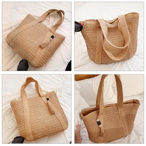 MaijjLyn Straw Beach Bags for Women Summer Woven Tote Bag Shoulder Handbag Boho Straw Purse 2024 Large Beach Bag with Tassels for Vacation Brown