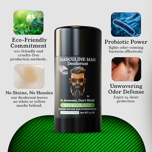 Image of Deodorant for Men - Aluminum Free Men's Natural Deodorant - Long-Lasting Fresh Rugged Woods & Citrus Scent, Stain-Free, Made in USA, 3.2oz - Invigorate