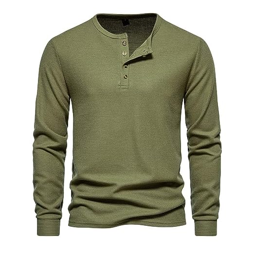 MakingDa T-shirt Henley gaufré à manches longues pour homme, coupe ajustée, col grand-père, boutons, vert militaire, L