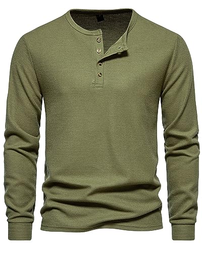 MakingDa Waffle Henley T-Shirt für Herren, langärmelig, schmale Passform, Großvater-Kragen, Knopfleiste, armee-grün, S