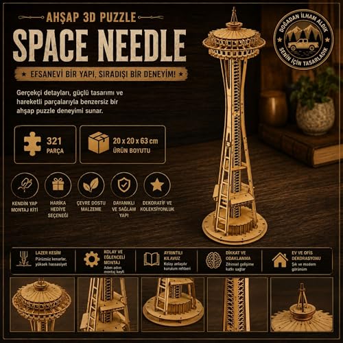 AlgWoodDesign Space Needle Ahşap Maket Seti 321 Parça, Dıy 3D Puzzle Seattle Kulesi Koleksiyoner Modeli
