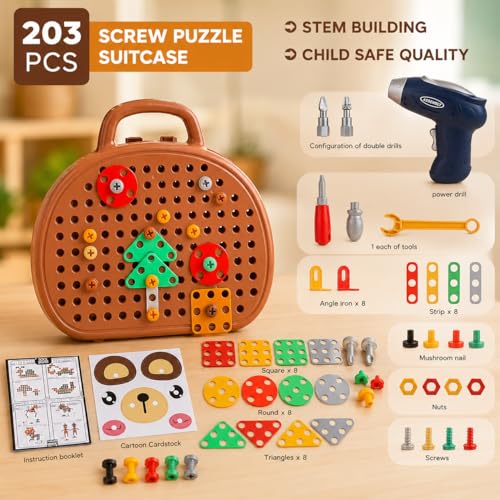 Image of Creative Toolbox Electric Drill Screwdriver Toy Set, 203 Pieces, with Lights & Sound, STEM Building Set for Kids 3+ Years, Multicolor